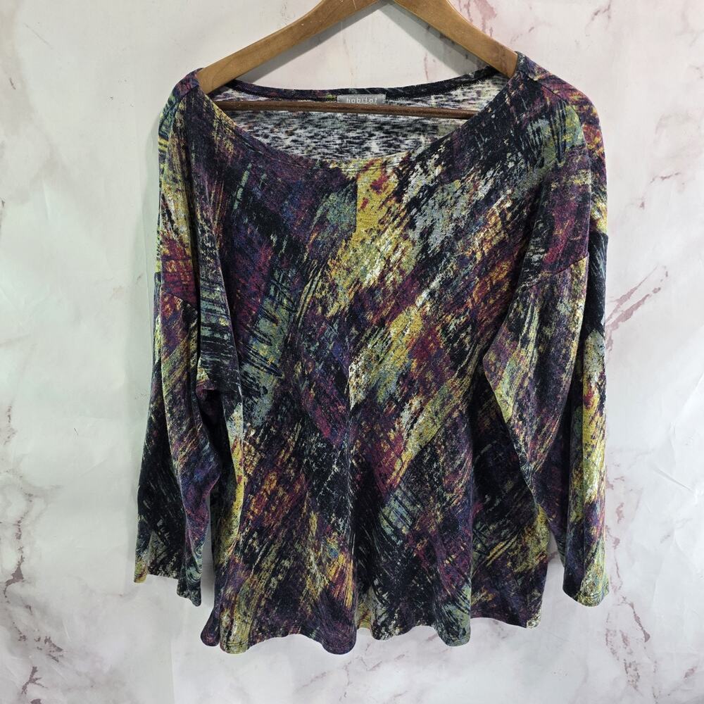 Habitat Shirt Womens XL Purple Black Knit Sweater Artsy Art Drop Shoulder Dolman